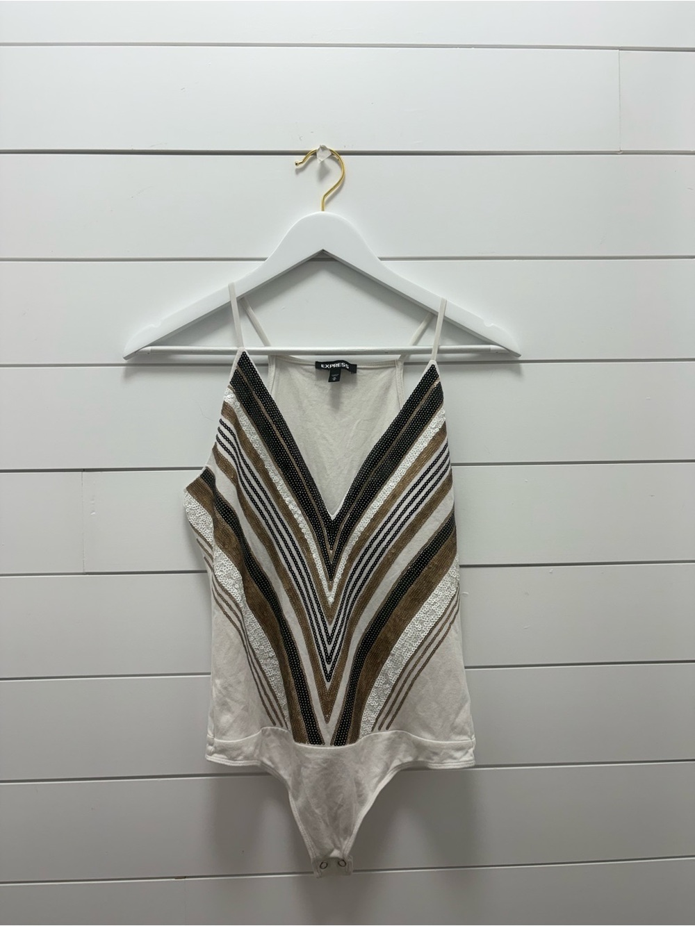 Express Striped V-Neck Sequin Bodysuit in White and Brown